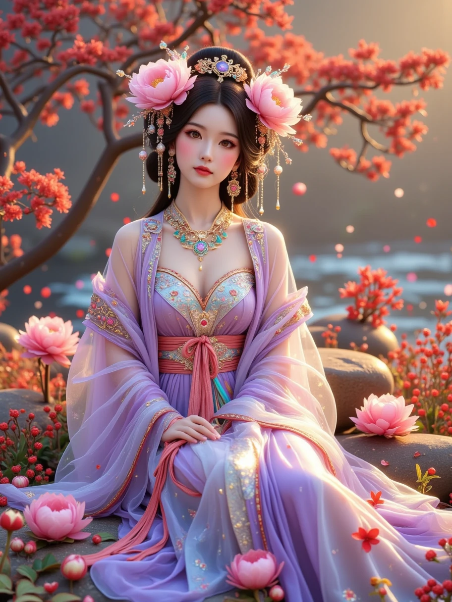 The camera is shot in mid-range, full-body, frontal or animated, turning and looking back, the picture is 8K High-definition picture quality, photography style, with delicate and realistic rendering effects, a purple-pink human-shaped peony flower, placed in an ancient Chinese autumn garden, with a large peony on its head, the body is wrapped in peonies, and the flowers are colorful. The clothes are elegant, light purple and Pink interweaving, hyper-realistic photography style, Chinese style painting elements, fantasy art charm, soft lighting, Chinese strange beauty, poetic lake scenery and autumn scenery, delicate brushwork, ethereal rendering, natural autumn skylight, 8K, exquisite and subtle, wonderful light and shadow effects, dreamy artistic conception