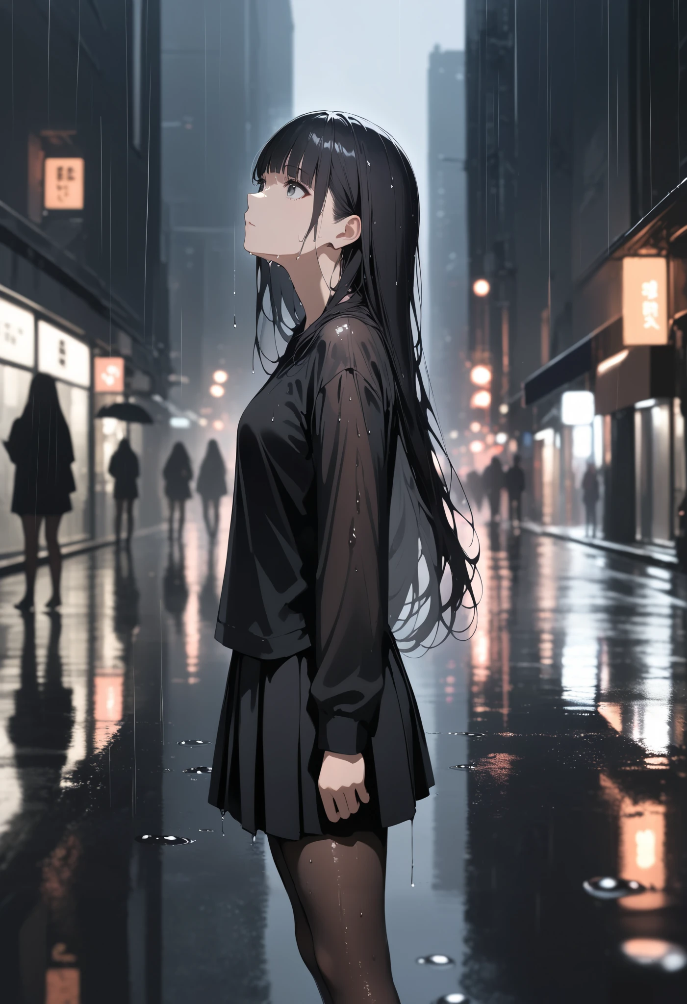 best quality, amazing quality, great quality, absurdres, 1girl, solo, rain, black shirt, black skirt, glowing, grey eyes, black hair, blunt bangs, grey pantyhose, reflection, water drop, wet, wet clothes, wet hair, looking up, long sleeves, dark, solo, very long hair, street, city, building, depth of field, cast shadow, black theme, wide shot, photo background,