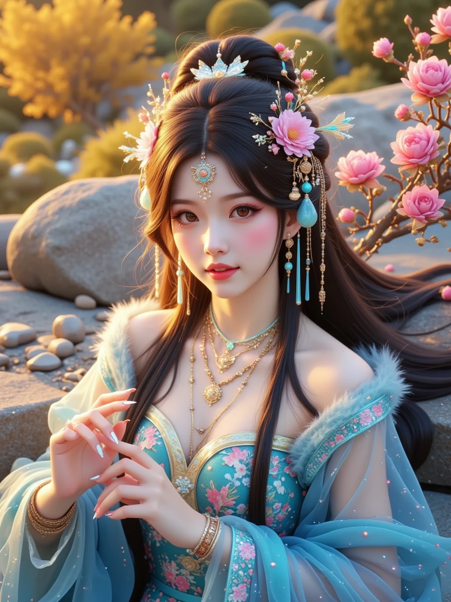 Portrait，Jingwei， The bird in ancient Chinese mythology ， is transformed into an ancient beauty ，Delicate facial features， with a smile，The head has a pattern ，White mouth，Red feet，, she wears a blue Hanfu in the color of the water system，Sleeves fluttering，, dark gray and amber ，Realistic photography style， fantasy art aesthetics ， movie lights， Chinese bizarre aesthetics ，Romantic scenery，Thin lines ， Unreal Engine rendering ， ethereal rendering ， Wonderland Background ， natural light，8k， Delicate Details ， beautiful lighting effects ， fantasy engine 