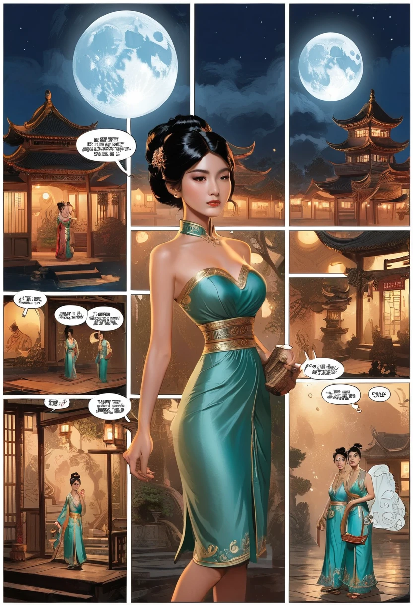 Comic storyboard:1.8, comic strip_layout,Chinese woman，The beautiful，Costume dress，edgBunny，full moon, 32K ，hyper HD, ， anatomy correct，fantasy，Comics-like panel layout, Voice balloons, English text, Hand drawn audio stickers used in comics,cry