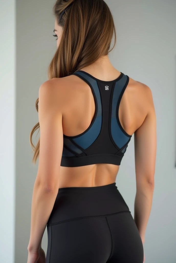A beautiful woman in a gray sports bra top and shorts posing for a photo, mostrando o ombro de costas, two piece workout clothes, forma tonificada, back pose, thicc, recortar, cintura - tiro, tiro do meio cintura para cima, sport bra and shorts, derriere tonificado, derriere em tons de forma, sport bra and dark blue shorts