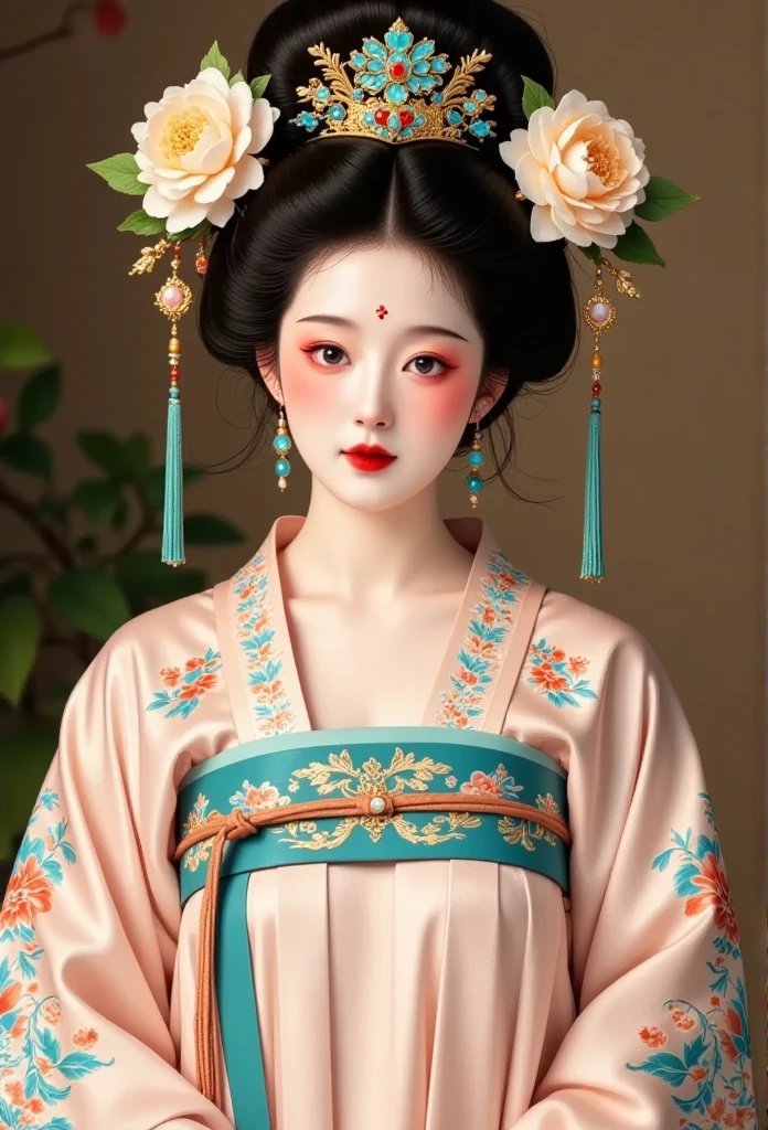  Chinese Tang Dynasty 。Beautiful woman with plump ，queen。。Hanfu。 peony flowers in her hair。