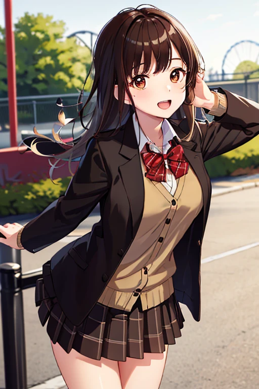 masterpiece, best quality, highres, 1girl, brown hair, long hair, bangs, brown eyes, medium breasts, red bowtie, school uniform, black jacket, open jacket, brown cardigan, white shirt, black skirt, plaid skirt, smile, open mouth, arms behind back, leaning forward, amusement park,