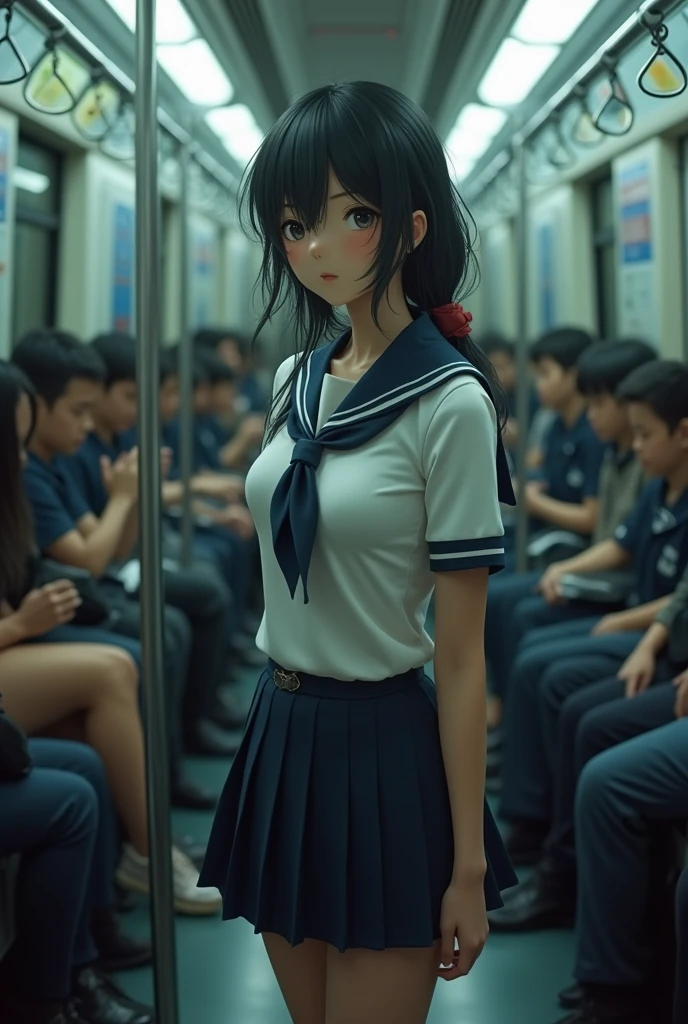 ((Highest quality, 8k, RAW Photos, masterpiece :1.3)), (Realist、Realist:1.37)、Very detailed、Ultra-high resolution, (Professional Lighting), ((From above:1.2)),((Full body photo)),小さいchest、Perfect Face、Beautiful expression、Beautiful Face、Cute eyes、1 high school girl、beautiful girl、Beautiful black hair、(not good、Schoolgirl uniform、Button-down shirt:1.2、Off the shoulder、Pleated mini skirt、Pale pink lace panties）、(A crowded train with sunlight pouring in、A fat middle-aged Japanese man hugs a high school girl from behind on a train)、((((A middle-aged man standing behind the woman.、the man reaches out his right hand and touches the woman&#39;chest.：1.3、the man&#39;His left hand is touching a high school girl.&#39;He touched his private parts with his fingers..：1.2、Button-down shirt：1.2))))、caress、horror show、blush、the man has a vulgar look、Men hugging each other