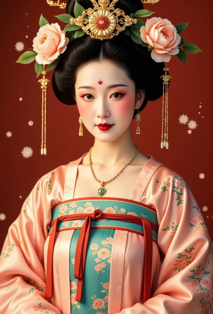  Chinese Tang Dynasty 。Beautiful woman with plump ，queen。。Hanfu。 peony flowers in her hair。 red background 。snow。