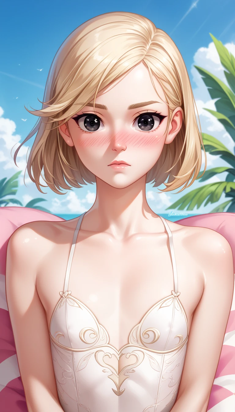 A blonde bob girl is wearing a swim suit and eating Shave ice(Japanese Kakigori),Please draw a beautiful and magnificent picture of the big Shave ice.masterpiece,best quality,ultra-detailed, illustration, detailed light,an extremely delicate and beautiful,dynamic