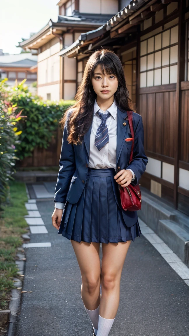 a beautiful 18 year old Japanese high school girl with perfect anatomy, healthy thighs, beautiful legs, beautiful skin, random hair color and style, large breasts, (wearing a Japanese schoolgirl uniform:1.3), holding a student bag, full body shot, standing on a city street, (best quality,4k,8k,highres,masterpiece:1.3),(extremely detailed:1.2),photorealistic,ultra-detailed,vivid colors, studio lighting, professional