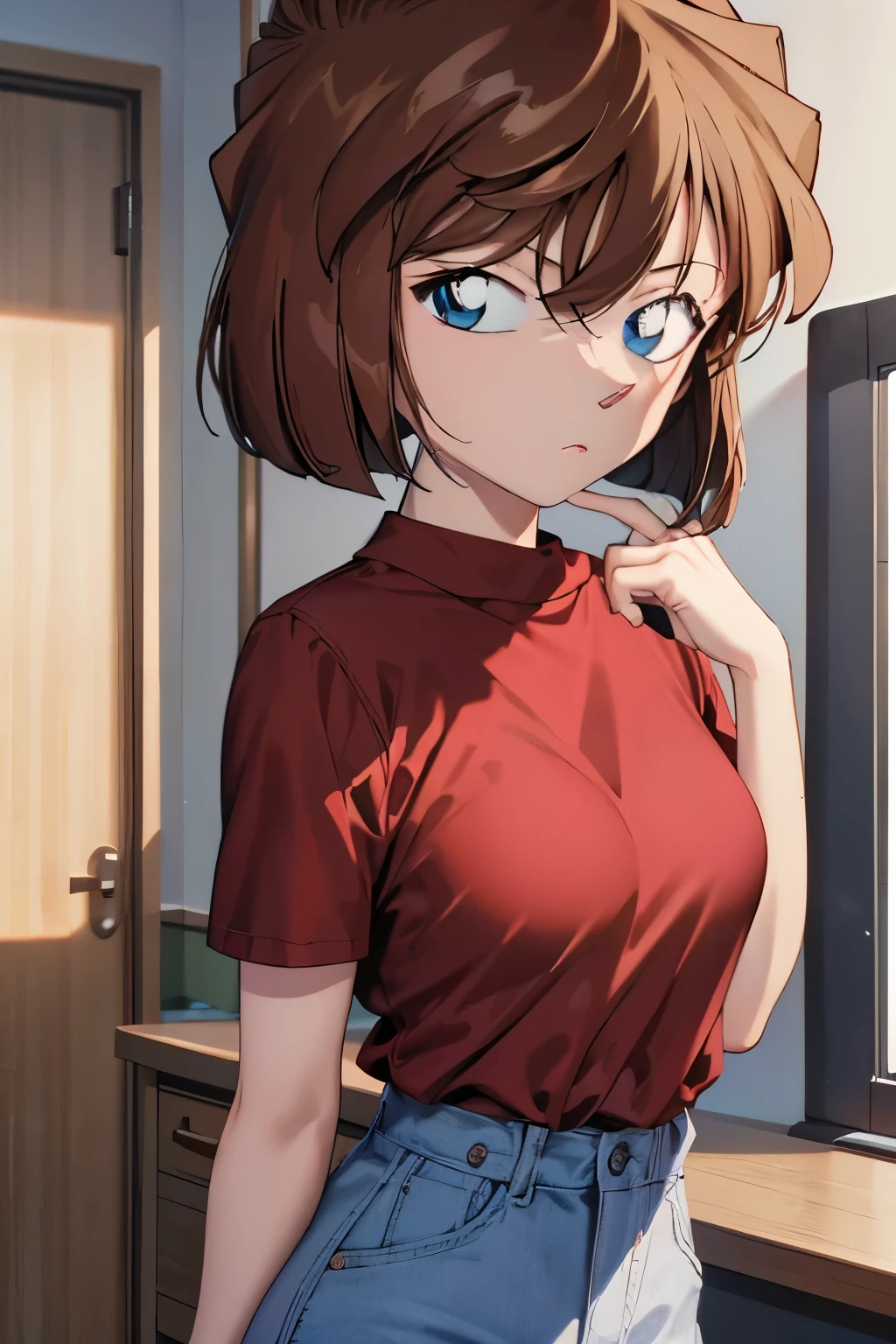 (8k, raw photo, masterpiece, extremely detailed, best quality, professional lighting, high res, clear lines), BREAK beautiful and adorable girl, haibara ai, brown hair, bob cut, lab coat, casual clothes, red shirt, skirt, sharp eyes, blue eyes, (short height, small breast), 128 cm height, cool, cleaver