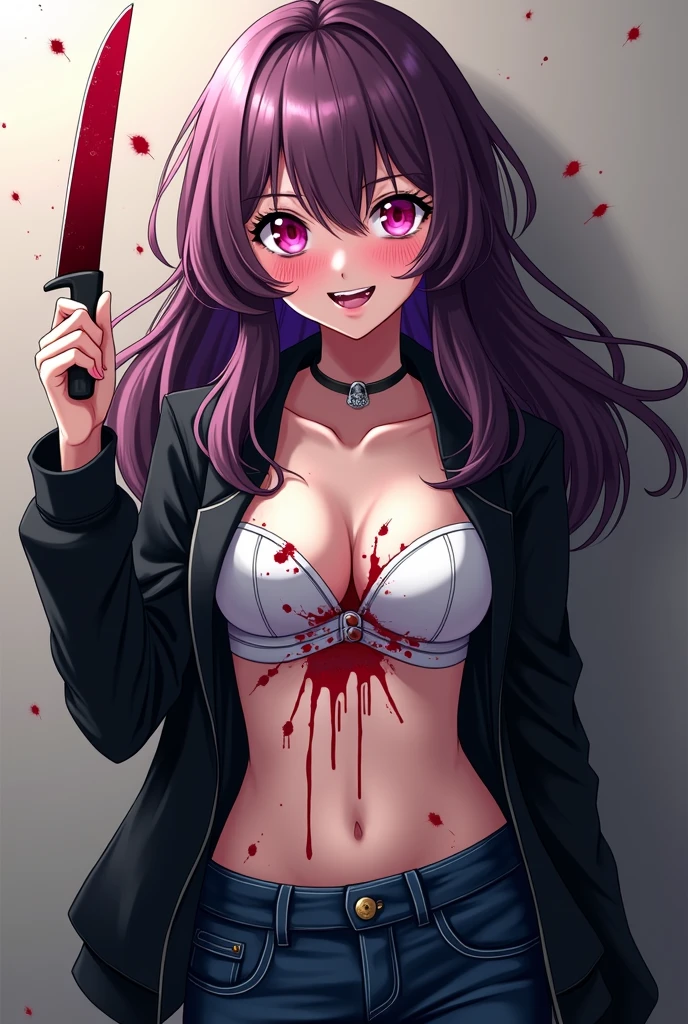 Unpleasant smile of a girl who loves knive、Psychopath horror, brown hair, big lips, blood on face, ((holding knife)), juicy lips, big boobs, holding knife by the handle, full body,red eyes long hair