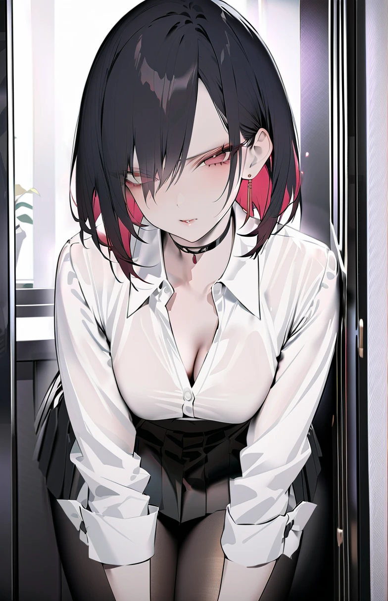 ( best quality、  Masterpiece :1.2), ((   mature mature ))  black hair,  short hair、 red inner hair、red eyes,  sharp eye、 ( white shirt,   pleated skirt 、  choker、Roll up your sleeves、 black tights),  earrings for a woman alone, looking at the camera