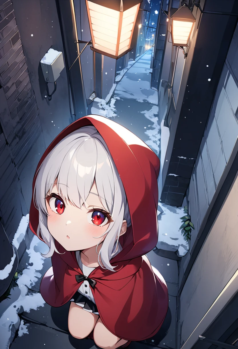  Girl in a Little Red Riding Hood with a hat ,  Long white hair ,  red eyes, Night time ,  Modern city back alley background with snow falling under street lights, Girl squatting and looking up, From above