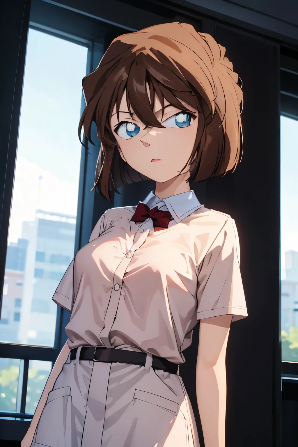 (8k, raw photo, masterpiece, extremely detailed, best quality, professional lighting, high res, clear lines), BREAK beautiful and adorable girl, haibara ai, brown hair, bob cut, lab coat, casual clothes, shirt, skirt, sharp eyes, blue eyes, (short height, small breast), 128 cm height, cool, cleaver