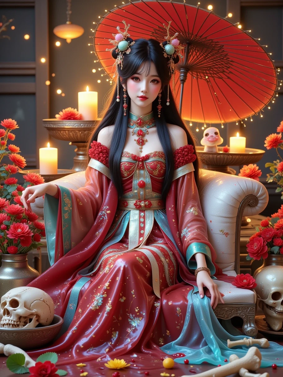 masterpiece, best quality, intricately detailed, a woman, beautiful, Elegant, smile, blood, iridescent long hair, bangs, skirt, shirt, long sleeves, frills, shoes, bowtie, (red and black:1.4), flower, creepy, Horror, skulls, long hair, black hair, candle, blood, hair flower, Alone, Hair Ornament, bone, sitting, doll, skull, skeleton, Horror (Theme),  Unreal Engine rendering ,  ethereal rendering , Futuristic battlefield background ,  natural light,  beautiful lighting effects ,  fantasy engine , Super fine, 超HD,  high quality, Perfect composition, (((远景拍摄whole body))), (((whole body))),  is brightly colored , HD,  high detail , Fresh color scheme ,  bright colors , ((( dopamine color scheme ))), High Saturation,  High Contrast, 8k