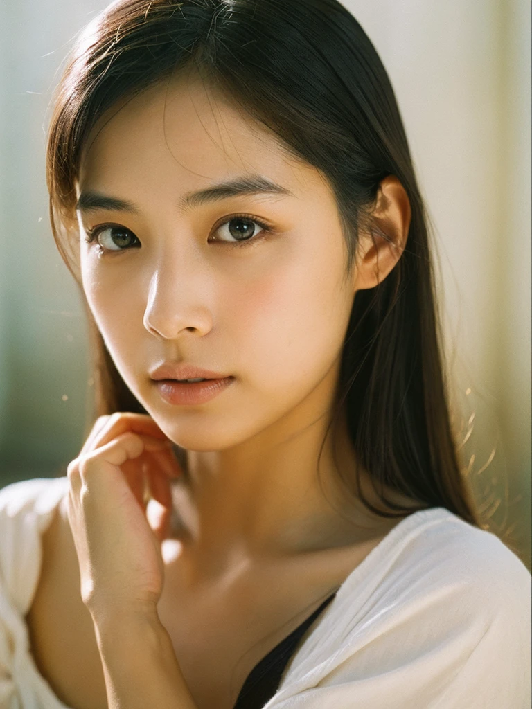 Japan Girl,beautiful girlfriend,a beauty,Raw foto,8K,morning sun lighting,Gray T-shirt and jeans miniskirt,Smooth long hair,A dark-haired,A detailed face,Detailed skin,Detailed eyes,(Slim body:1.3), girl in,About 23 years old,