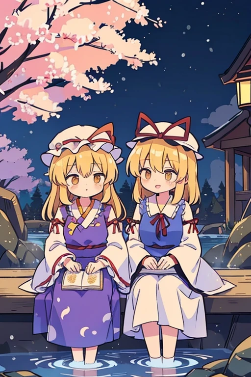 {{{(Yakumo Yukari (Touhou)), yellow eyes, hat, blonde hair, long hair, dress, ribbon, hat ribbon, ribbon, mob cap, frills, long sleeves, tabard, wide sleeves, hair ribbon, white dress, gap Yakumo Yukari and the characters of the Touhou Project (Touhou) talk about old memories while drinking in a hot spring. On New Year's Eve, they soak up to their shoulders in a steamy open-air bath to soothe their fatigue. Night cherry blossoms in winter on a snowy moonlit night.