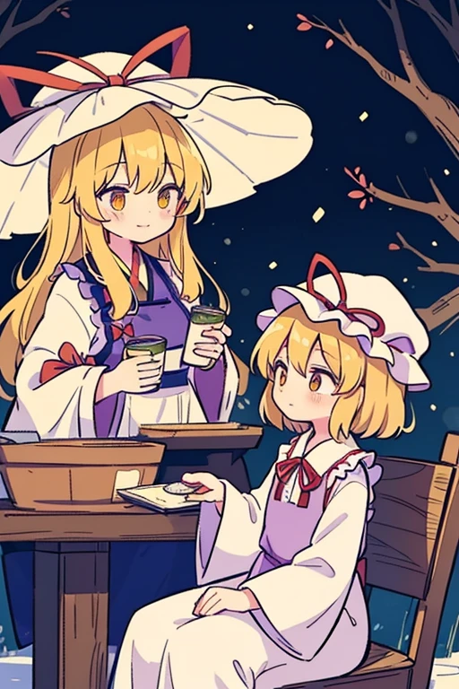 {{{(Yakumo Yukari (Touhou)), yellow eyes, hat, blonde hair, long hair, dress, ribbon, hat ribbon, ribbon, mob cap, frills, long sleeves, tabard, wide sleeves, hair ribbon, white dress, gap Yakumo Yukari and the characters of the Touhou Project (Touhou) talk about old memories while drinking in a hot spring. On New Year's Eve, they soak up to their shoulders in a steamy open-air bath to soothe their fatigue. Night cherry blossoms in winter on a snowy moonlit night.