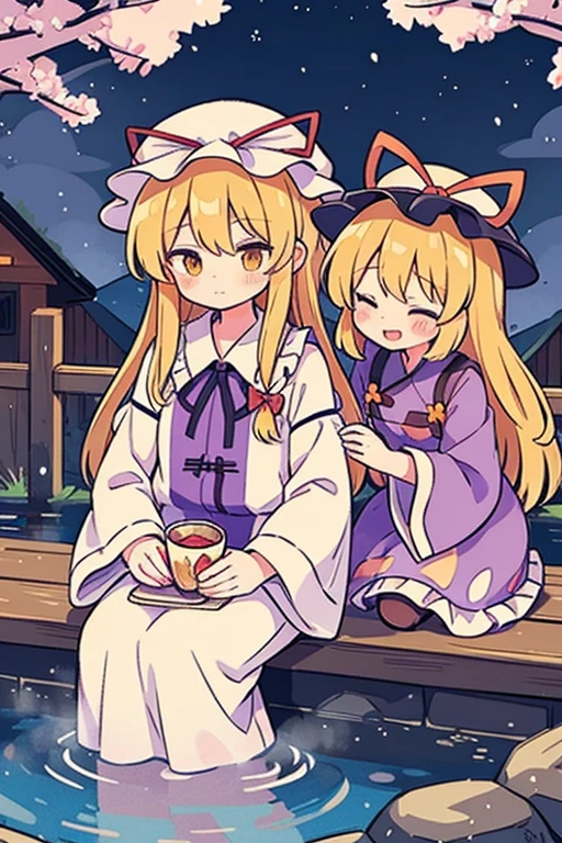 {{{(Yakumo Yukari (Touhou)), yellow eyes, hat, blonde hair, long hair, dress, ribbon, hat ribbon, ribbon, mob cap, frills, long sleeves, tabard, wide sleeves, hair ribbon, white dress, gap Yakumo Yukari and the characters of the Touhou Project (Touhou) talk about old memories while drinking in a hot spring. On New Year's Eve, they soak up to their shoulders in a steamy open-air bath to soothe their fatigue. Night cherry blossoms in winter on a snowy moonlit night.