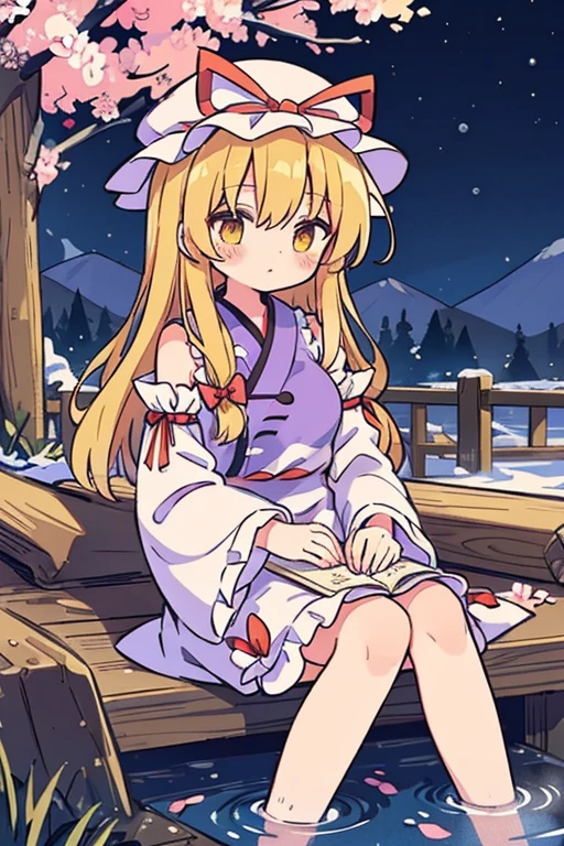 {{{(Yakumo Yukari (Touhou)), yellow eyes, hat, blonde hair, long hair, dress, ribbon, hat ribbon, ribbon, mob cap, frills, long sleeves, tabard, wide sleeves, hair ribbon, white dress, gap Yakumo Yukari and the characters of the Touhou Project (Touhou) talk about old memories while drinking in a hot spring. On New Year's Eve, they soak up to their shoulders in a steamy open-air bath to soothe their fatigue. Night cherry blossoms in winter on a snowy moonlit night.