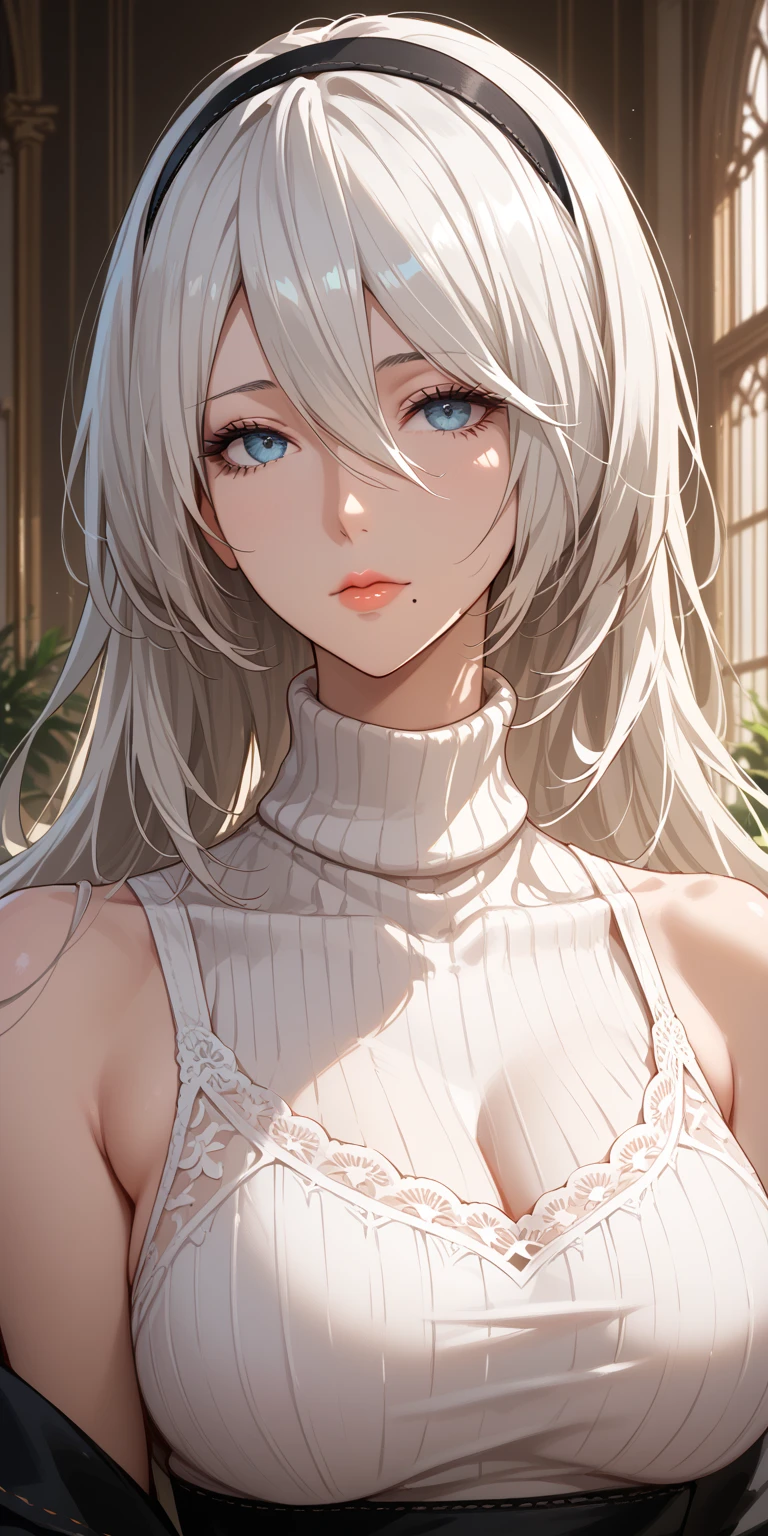 Score_9, Score_8_up, Score_7_up, Source_anime, anime art, anime style, very aesthetic, masterpiece, high quality, 1girl, cool character, mature woman, milf, curvaceous, mole under mouth, sleeveless turtleneck sweater, white hair, long hair, hair between eyes, expressionless, 2b, yorha no. 2 type b, home, soft light, upper body