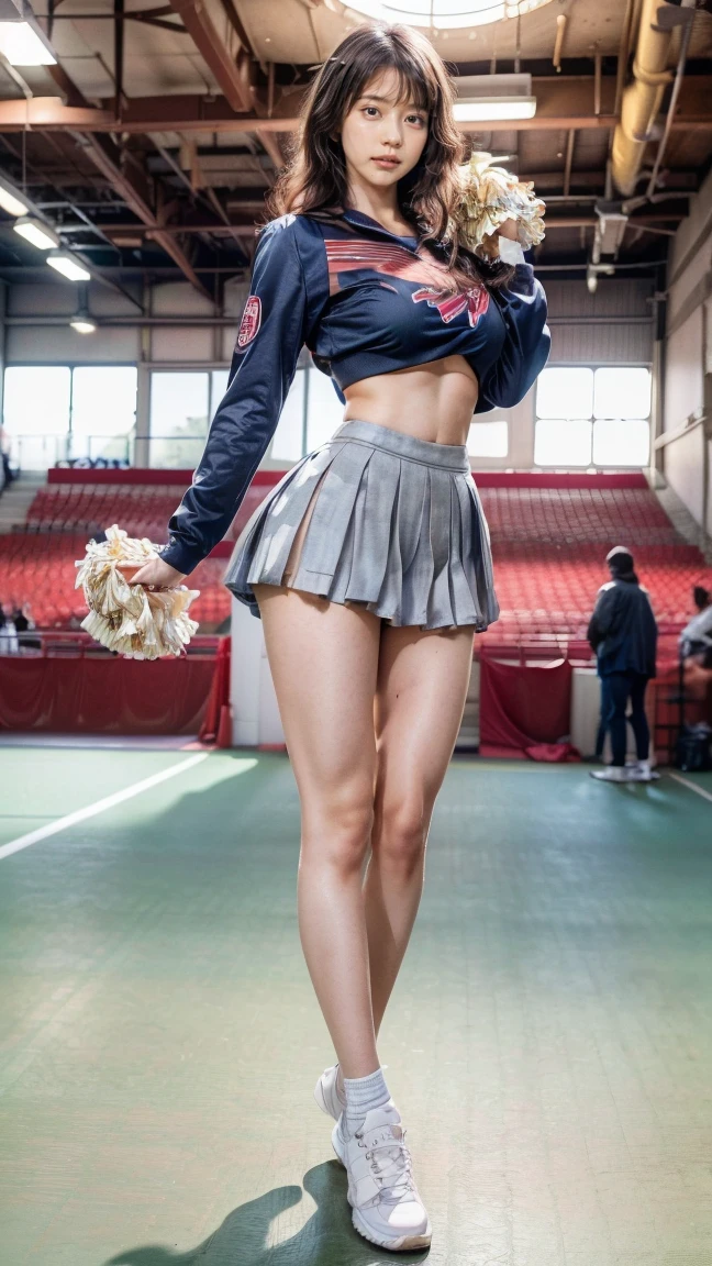 A beautiful young Japanese woman, 20 years old, with perfect anatomy, healthy thighs, beautiful feet, flawless skin, random hair color and style, large bust, wearing a cheerleader uniform with micro-pleated miniskirt, in a full-body shot, standing in a stadium, (best quality,4k,8k,highres,masterpiece:1.3),(extremely detailed:1.2)