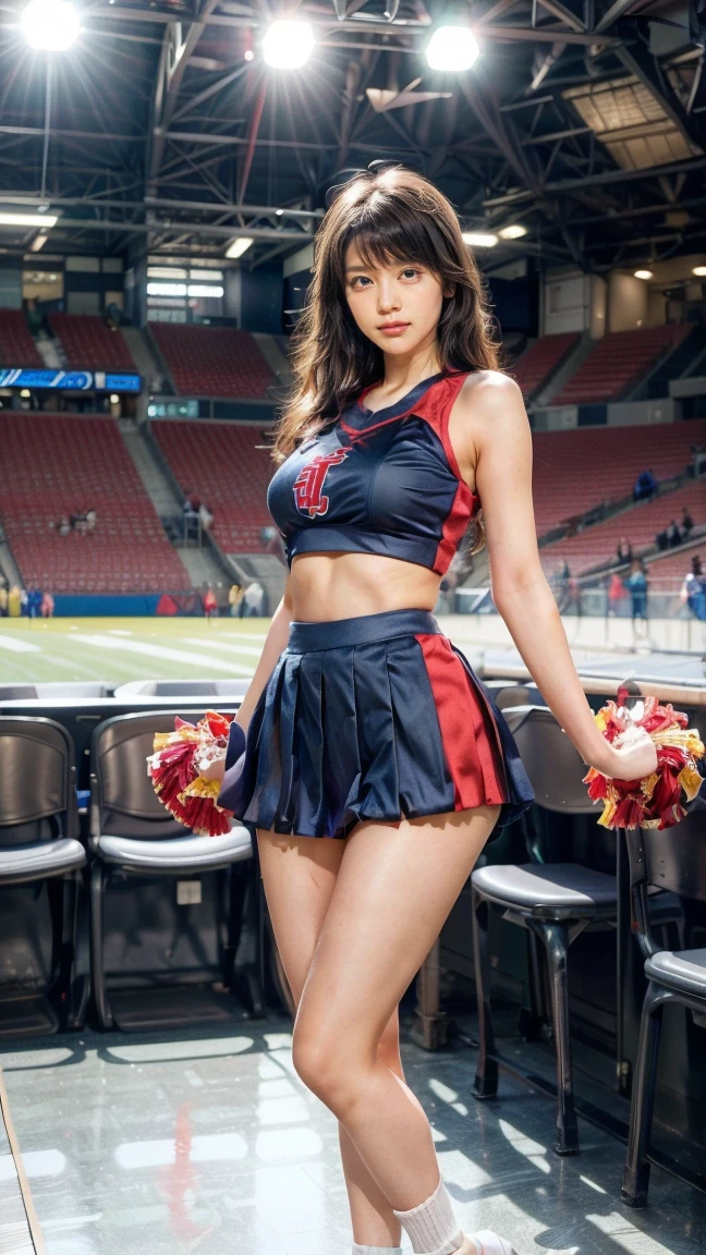 A beautiful young Japanese woman, 20 years old, with perfect anatomy, healthy thighs, beautiful feet, flawless skin, random hair color and style, large bust, wearing a cheerleader uniform with micro-pleated miniskirt, in a full-body shot, standing in a stadium, (best quality,4k,8k,highres,masterpiece:1.3),(extremely detailed:1.2)