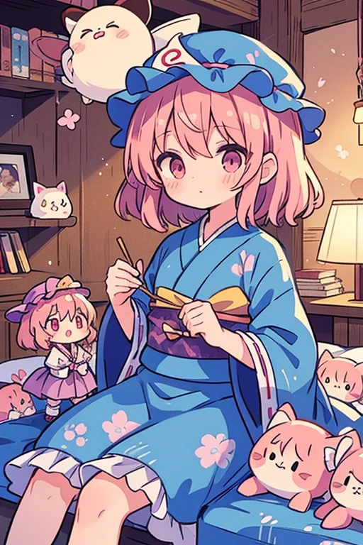 {{{saigyouji yuyuko (touhou)}}}, pink eyes, short hair, wavy hair, pink hair, blue headwear, mob cap, neck ribbon, black ribbon, blue kimono, frilled kimono, obi, long sleeves, wide sleeves, frilled sleeves, sleeve garter, triangular headpiece, blue bow, waist bow, hitodama, ghost, folding fan, saigyouji yuyuko's fan design, shippou (pattern), goshoguruma, cherry blossoms, )saigyouji yuyuko's and the characters of the Touhou Project (Touhou) sleep in a fantasy room filled with cute racehorse stuffed toys and racehorse dolls.