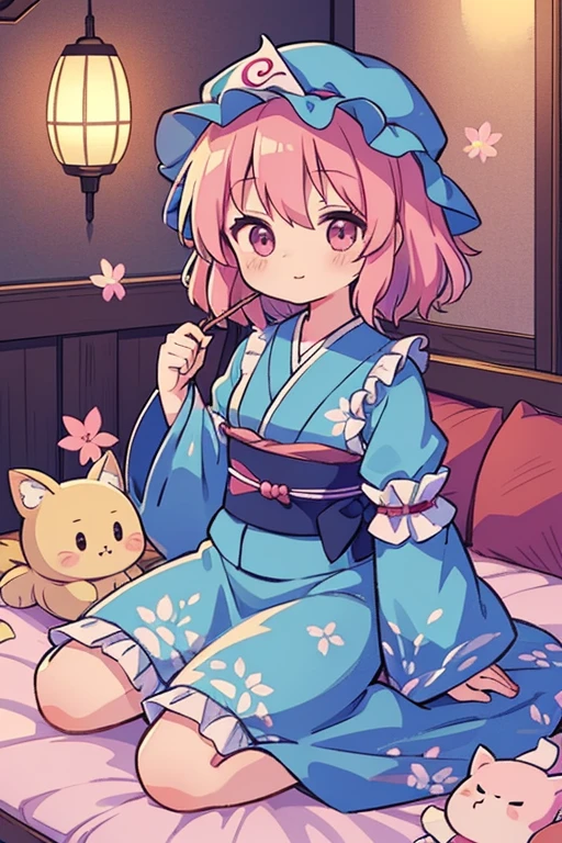 {{{saigyouji yuyuko (touhou)}}}, pink eyes, short hair, wavy hair, pink hair, blue headwear, mob cap, neck ribbon, black ribbon, blue kimono, frilled kimono, obi, long sleeves, wide sleeves, frilled sleeves, sleeve garter, triangular headpiece, blue bow, waist bow, hitodama, ghost, folding fan, saigyouji yuyuko's fan design, shippou (pattern), goshoguruma, cherry blossoms, )saigyouji yuyuko's and the characters of the Touhou Project (Touhou) sleep in a fantasy room filled with cute racehorse stuffed toys and racehorse dolls.