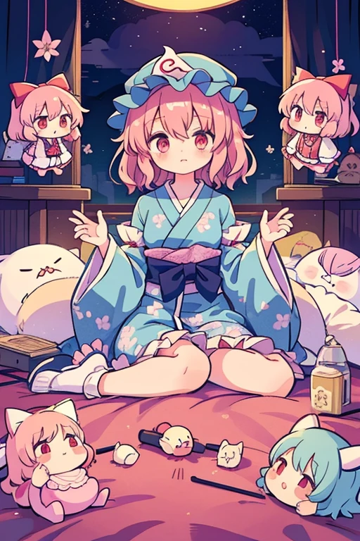 {{{saigyouji yuyuko (touhou)}}}, pink eyes, short hair, wavy hair, pink hair, blue headwear, mob cap, neck ribbon, black ribbon, blue kimono, frilled kimono, obi, long sleeves, wide sleeves, frilled sleeves, sleeve garter, triangular headpiece, blue bow, waist bow, hitodama, ghost, folding fan, saigyouji yuyuko's fan design, shippou (pattern), goshoguruma, cherry blossoms, )saigyouji yuyuko's and the characters of the Touhou Project (Touhou) sleep in a fantasy room filled with cute racehorse stuffed toys and racehorse dolls.