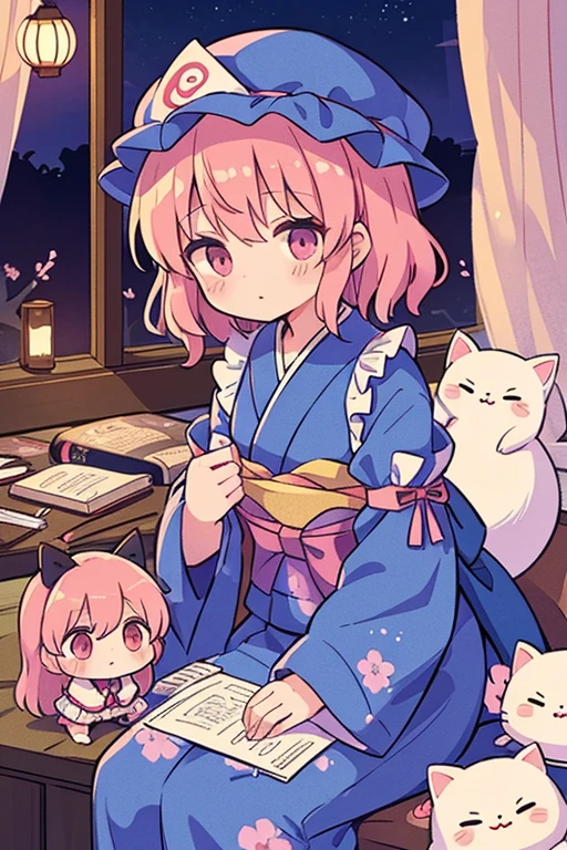 {{{saigyouji yuyuko (touhou)}}}, pink eyes, short hair, wavy hair, pink hair, blue headwear, mob cap, neck ribbon, black ribbon, blue kimono, frilled kimono, obi, long sleeves, wide sleeves, frilled sleeves, sleeve garter, triangular headpiece, blue bow, waist bow, hitodama, ghost, folding fan, saigyouji yuyuko's fan design, shippou (pattern), goshoguruma, cherry blossoms, )saigyouji yuyuko's and the characters of the Touhou Project (Touhou) sleep in a fantasy room filled with cute racehorse stuffed toys and racehorse dolls.