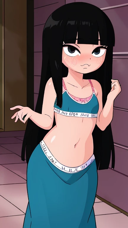 1 girl, solo, a cute girl with jet black hair, blunt bangs, and deep black eyes, , chibi, 12yo,  girl, teen, NSFW, in a dynamic sexy pose showing the upper body and whole body, sassy lolita, lolita_fashion,  smirking face, sexy lolita, shortstack, highly detailed, best quality, masterpiece, absurdities, beautiful face, detailed eyes, detailed face, full body, 4k, ((masterpiece)), extremely detailed, 8k, trending on ArtStation, Intricate, High Detail, Sharp focus, ckundies, 1girl, underwear, solo, panties, thick thighs, flat chest, thighs, navel, sports bra, (black panties), clothes writing, (indoors), (colorful),(delicate eyes and face), volumatic light, ray tracing, bust shot , extremely detailed CG unity 8k wallpaper, masterpiece, extremely detailed face, beautiful face, (detailed eyes, deep eyes), (1girl, lolita), from beside, full body, landidzu, detailed_background