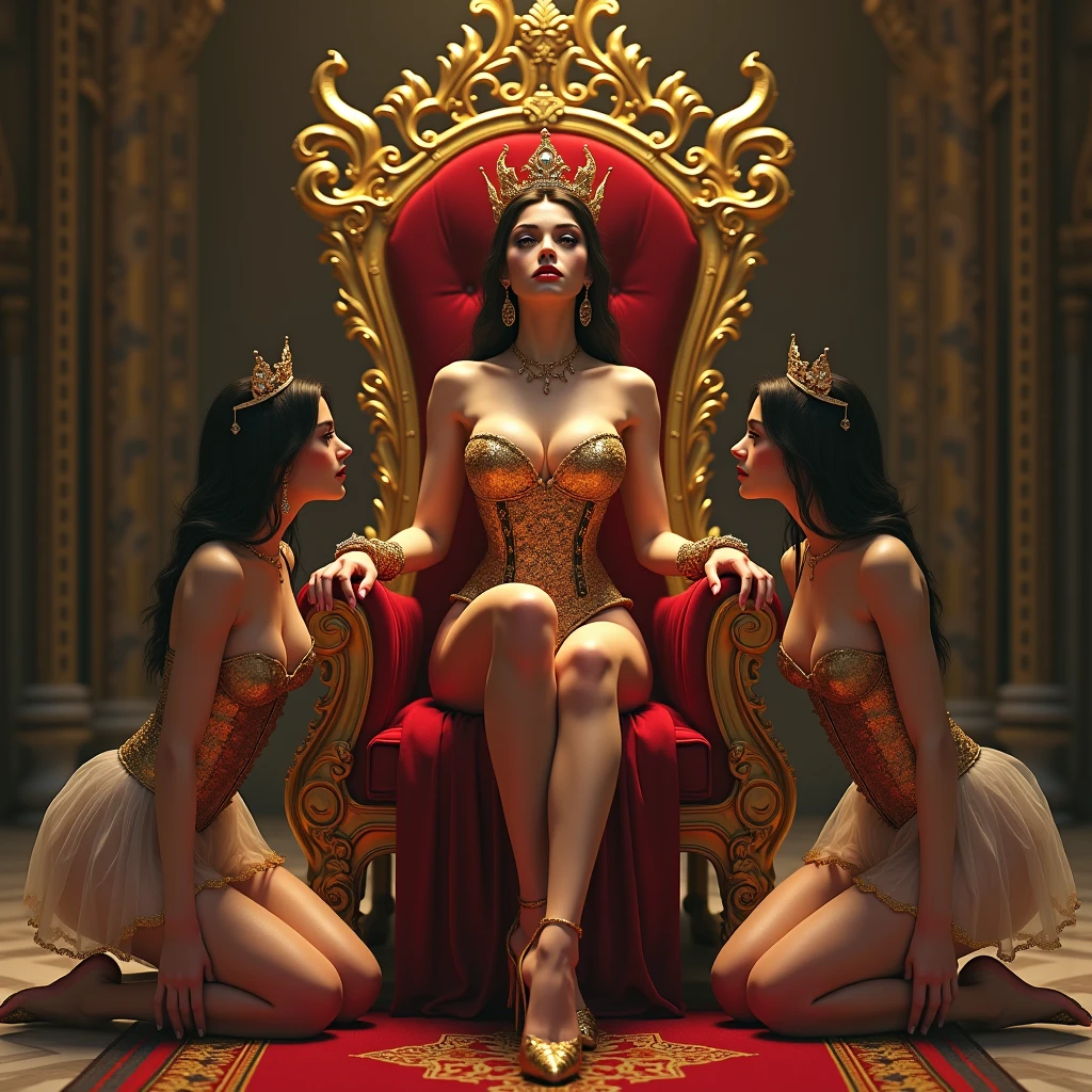 Oriental woman with blue blouse and white skirt sitting on a throne, crossed legs. she wears a tiara ,glasses, a necklace and knee-high suede boots with fringes. Next to the throne stands a Caucasian blonde woman with very large breasts. she wears leather jacket, a miniskirt, black stockings, biker boots and presents her cleavage. On the other side stands an Asian woman in jeans, t-shirt and boots