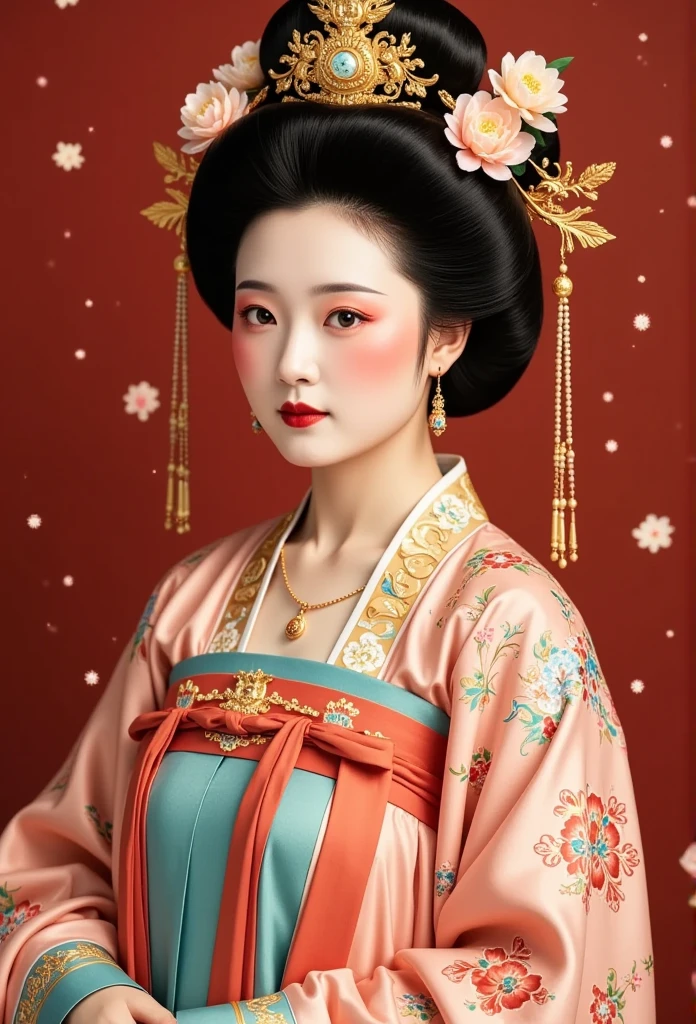 Chinese Qing dynasty 。Beautiful woman with plump ，queen。。Hanfu。 peony flowers in her hair。 red background 。snow。