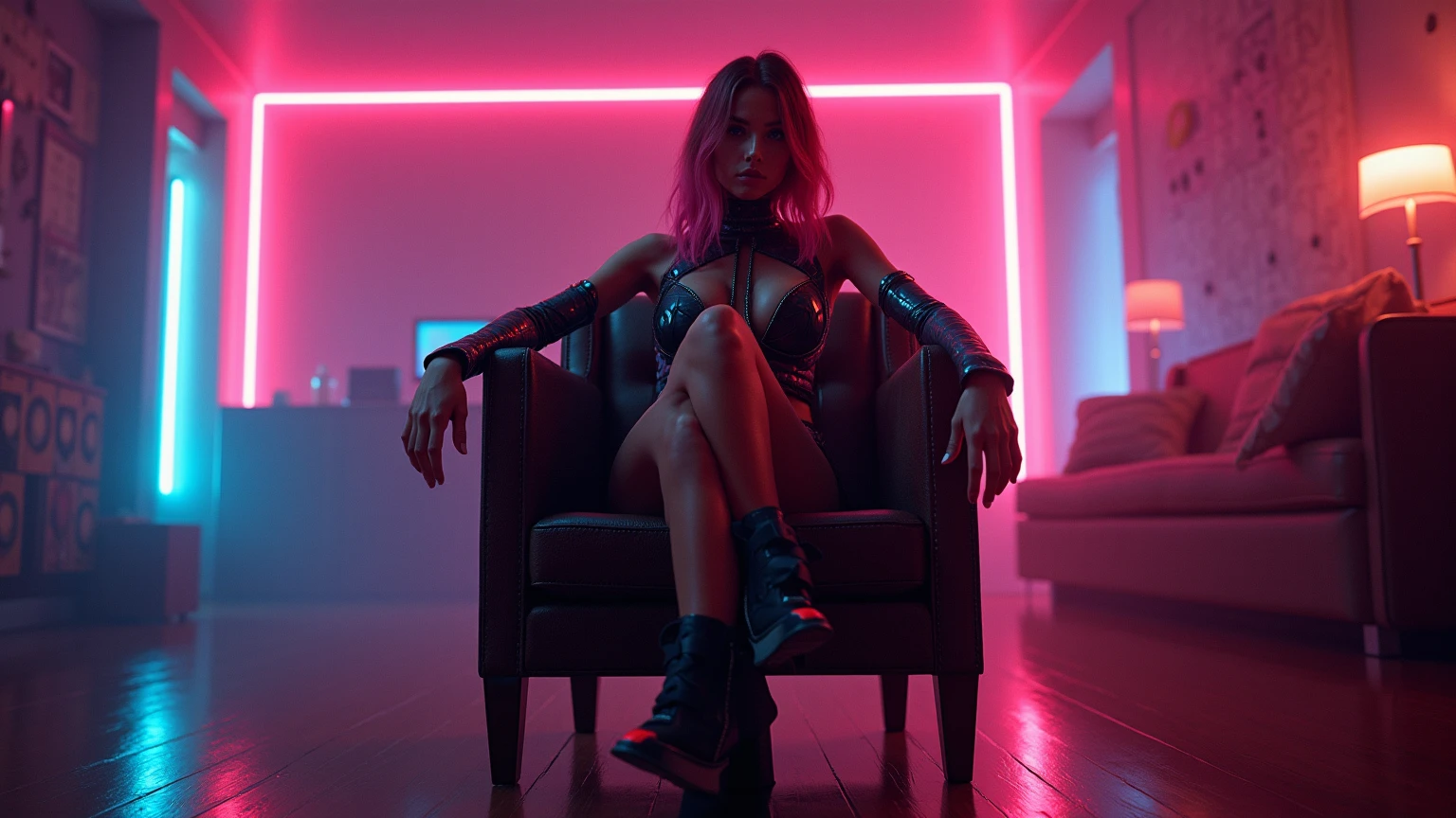 stands on the floor with legs apart in a cyberpunk room in a very sexy futuristic outfit with her legs crossed(masterpiece:1.2),(Highest quality),(Super detailed),(Ultra-high resolution),(Best illustrations),8k,wallpaper,Beautiful female cyborg,whole body,psychedelic,Vector art,Layered textures,progressive,pop,sf,cyber punk,Super sexy:2.0 cyberpunk girl seductive pose leds light and shadow, ultra-realistic, 16K. 3D style, , Octane render, ray tracing, depth of field, super detail