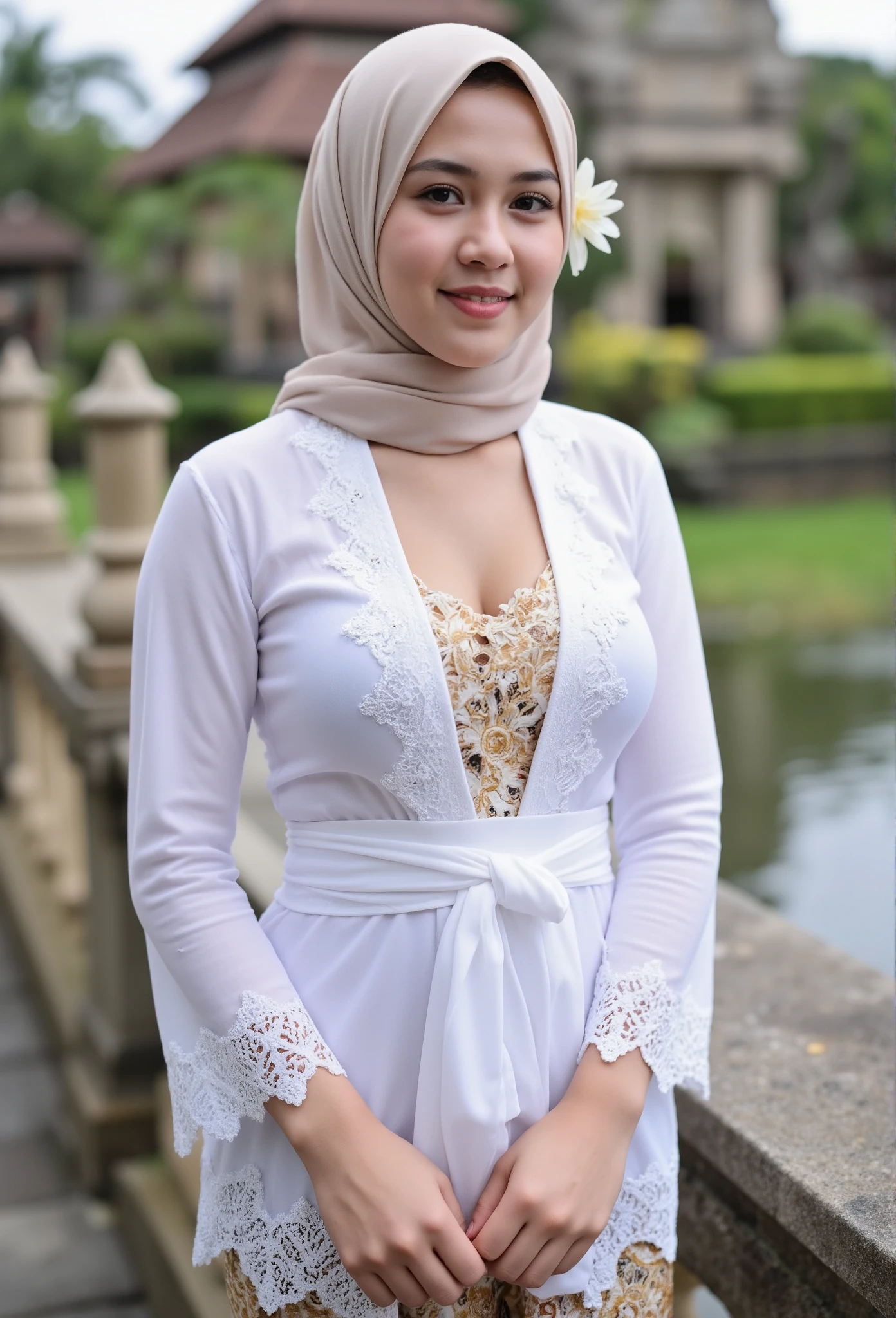 (masterpiece, best quality:1.2), 1 hijab girl, ((wearing hijab)), (large breast, cleavage cutout), Alone, flower,unbuttoned kebaya_Bali, white_kebaya_bali, mid shot, close up, stands on bridge, smiling, Bali temple background, beach
