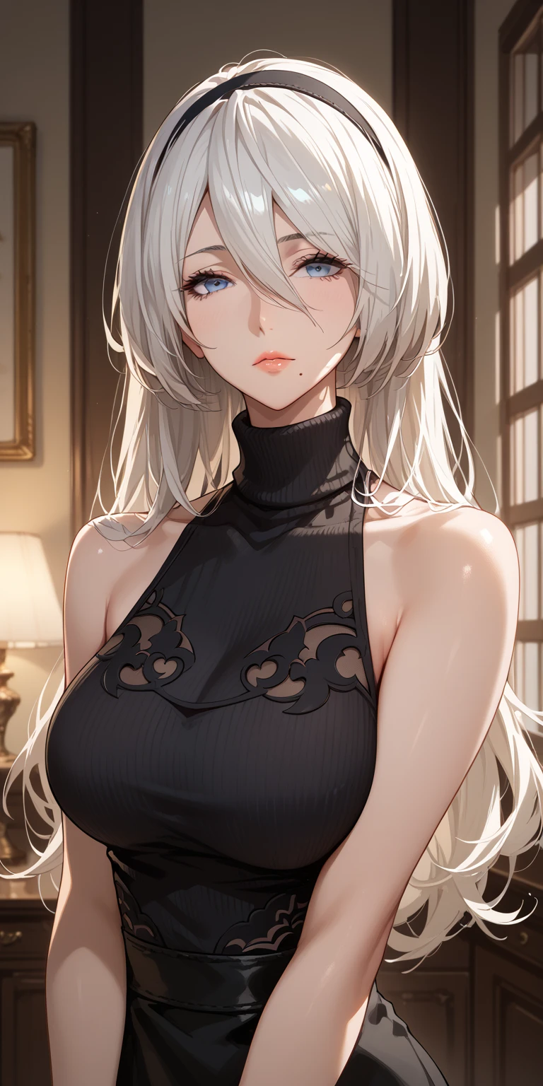 Score_9, Score_8_up, Score_7_up, Source_anime, anime art, anime style, very aesthetic, masterpiece, high quality, 1girl, cool character, mature woman, milf, curvaceous, mole under mouth, sleeveless turtleneck sweater, white hair, long hair, hair between eyes, expressionless, 2b, yorha no. 2 type b, home, soft light