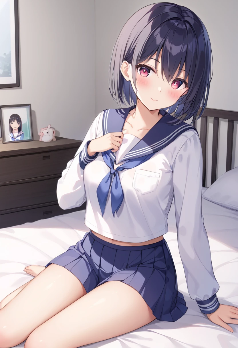 ((8k resolution))、((highest quality))、((masterpiece))、((Very detailed))((((dramatic))), (Anatomically correct)、The depth of the object to write、front、one person、Embarrassing、 (Bellflower, short hair, Animal ears, Black Hair, Hello, blue Hello, , serafuku, Sailor collar, choker, iris, skirt, pleated skirt, black skirt embarrassed expression、String Panties、skirt rift)、bed、bedに寝転がる、Panty shot