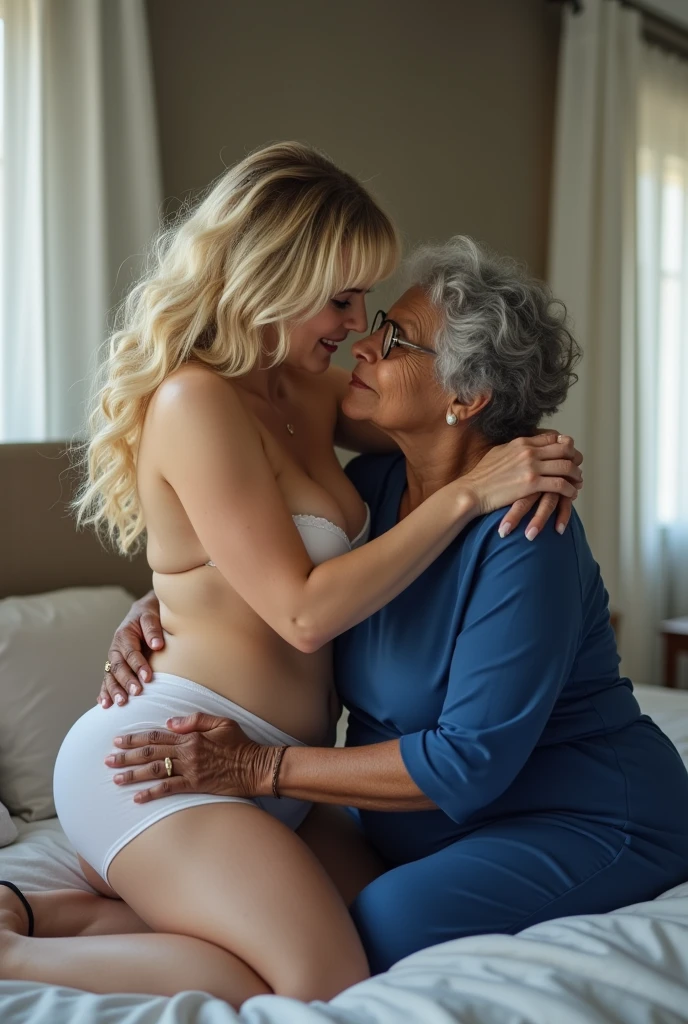 Create a photo of a single young woman aged 25, com pele branca e clara, slender and beautiful body, long blonde hair, wearing black lace panties, and his white shirt is being lifted by a 90 year old woman, obese, dark black skinned