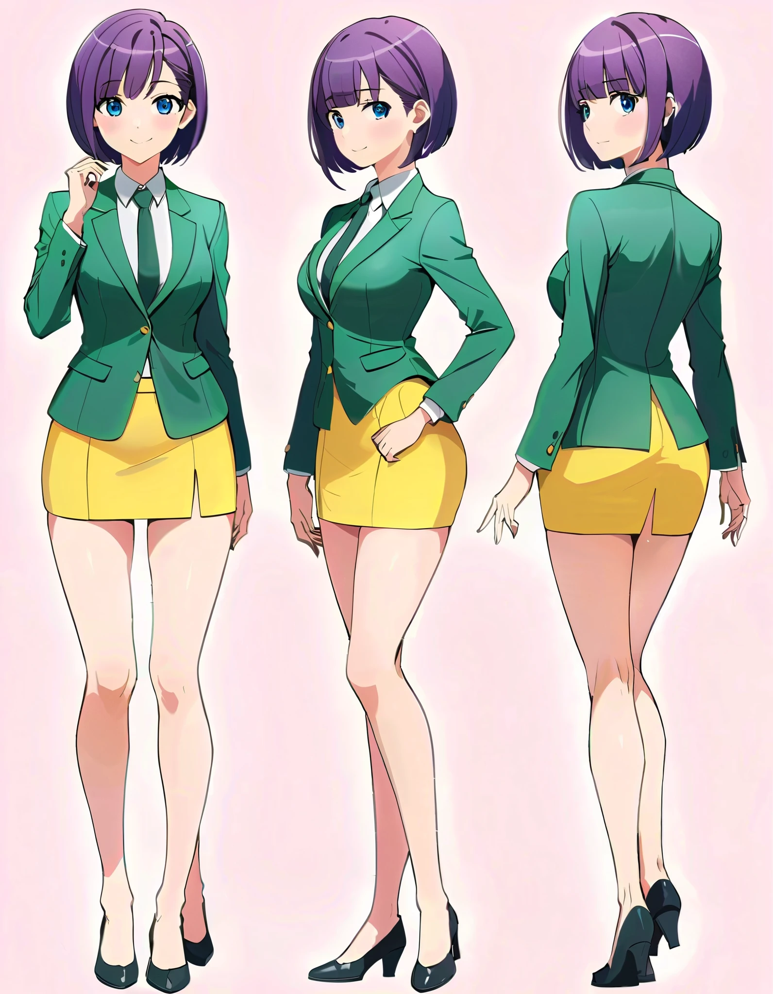 (masterpiece), (best quality), (highres), 1girl, solo, highly detailed, green suit and tie, pencil skirt, miniskirt, bare legs, matching shoes, looking at viewer, perfect hands, perfect eyes, perfect legs, perfect arms, perfect fingers, medium breasts, purple hair, short hair, bob hair, blue eyes, standing, smile, full body with costume. Simple background, multiple views of the same character,model sheet,character sheet, equal height