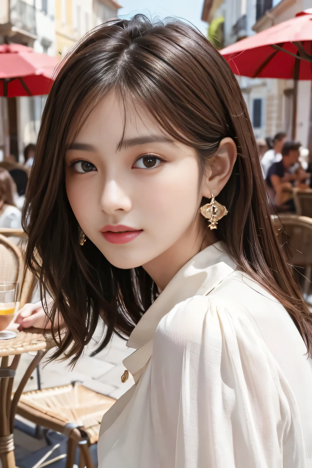 Beautiful young woman、 Korean women、Light brown hair、Wavy Hair、short hair、ear piercing、Necklace around the neck、blouse、Mask on mouth、Intricate details, Very detailed:1.2), 、 Looking into the camera,The background is the town