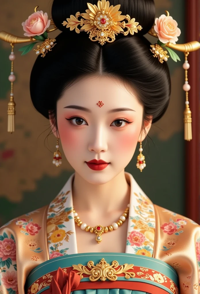 a close up of a woman in a kimono dress with a flower in her hair, hanfu, palace ， a girl in hanfu, wearing ancient chinese clothes, ancient chinese princess, ancient asian dynasty princess, beautiful render of tang dynasty, ancient china art style, chinese style, traditional chinese clothing, with acient chinese clothes, traditional beauty, tang dynasty