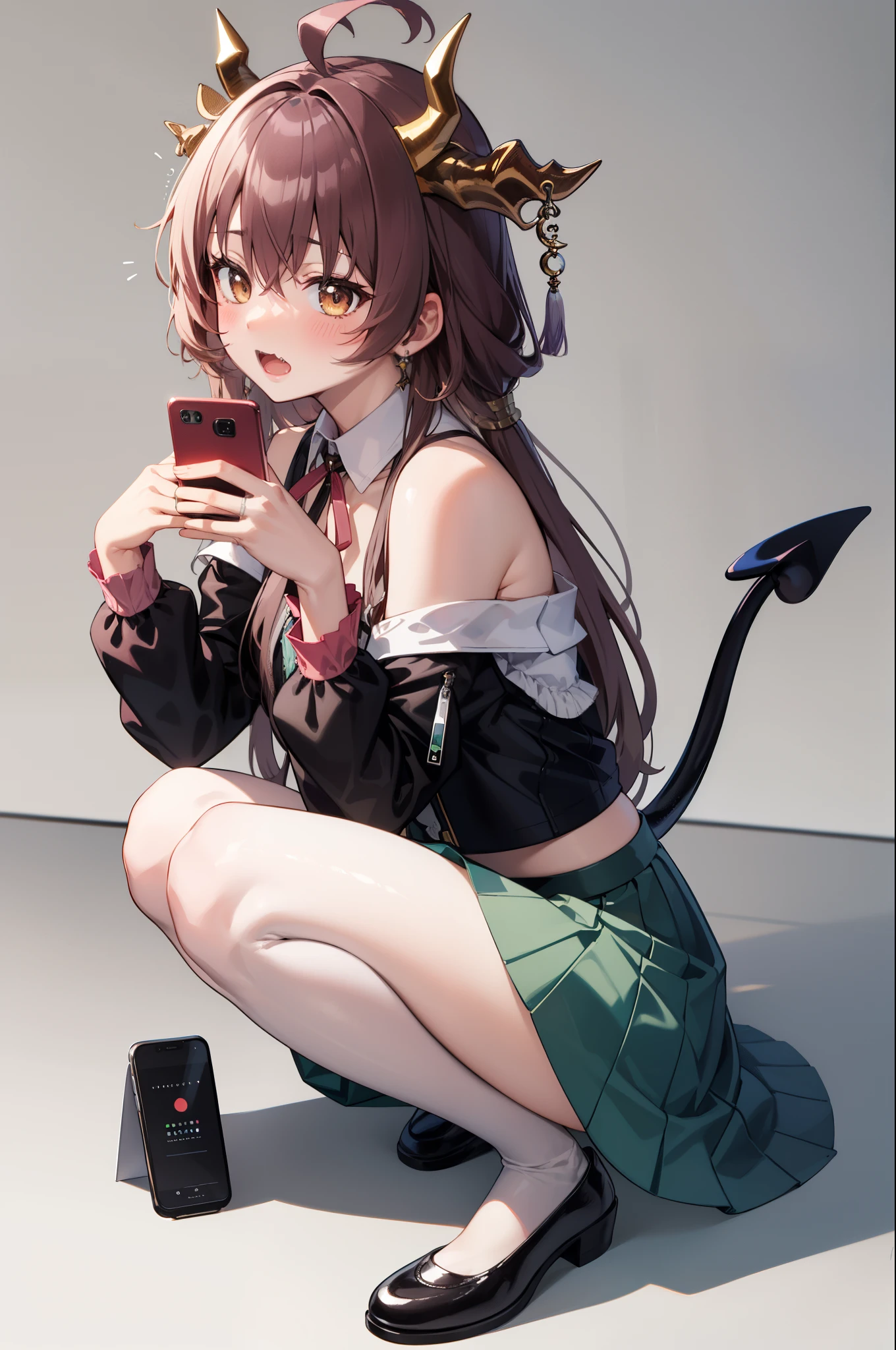 masterpiece:1.2, high quality, best quality, smartphone,skin fang,solo,long skirt,demon girl,knees up,hands up,brown hair,demon horns,fruit,holding phone,holding,brown shirt,no shoes,dated commentary,wifi symbol,tail,blush,ahoge,horns,cellphone,phone,hair between eyes,casual,full body,long hair,cable,yunoppi,food,highres,skirt,sitting,simple background,brown eyes,long sleeves,bag,yoshida yuuko \(machikado mazoku\),1girl,shopping bag,grey background,demon tail,battery indicator,green skirt,peach,machikado mazoku,2023,fang,curled horns,absurdres,open mouth,shirt,tareme,sidelocks,expressive tail