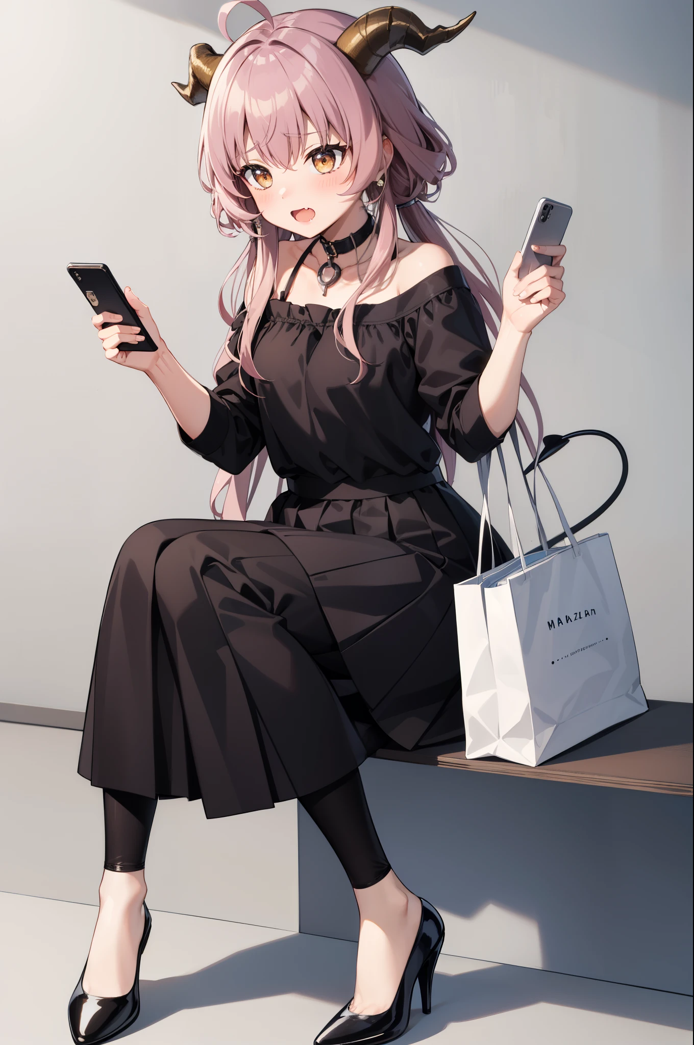 masterpiece:1.2, high quality, best quality, smartphone,skin fang,solo,long skirt,demon girl,knees up,hands up,brown hair,demon horns,fruit,holding phone,holding,brown shirt,no shoes,dated commentary,wifi symbol,tail,blush,ahoge,horns,cellphone,phone,hair between eyes,casual,full body,long hair,cable,yunoppi,food,highres,skirt,sitting,simple background,brown eyes,long sleeves,bag,yoshida yuuko \(machikado mazoku\),1girl,shopping bag,grey background,demon tail,battery indicator,green skirt,peach,machikado mazoku,2023,fang,curled horns,absurdres,open mouth,shirt,tareme,sidelocks,expressive tail