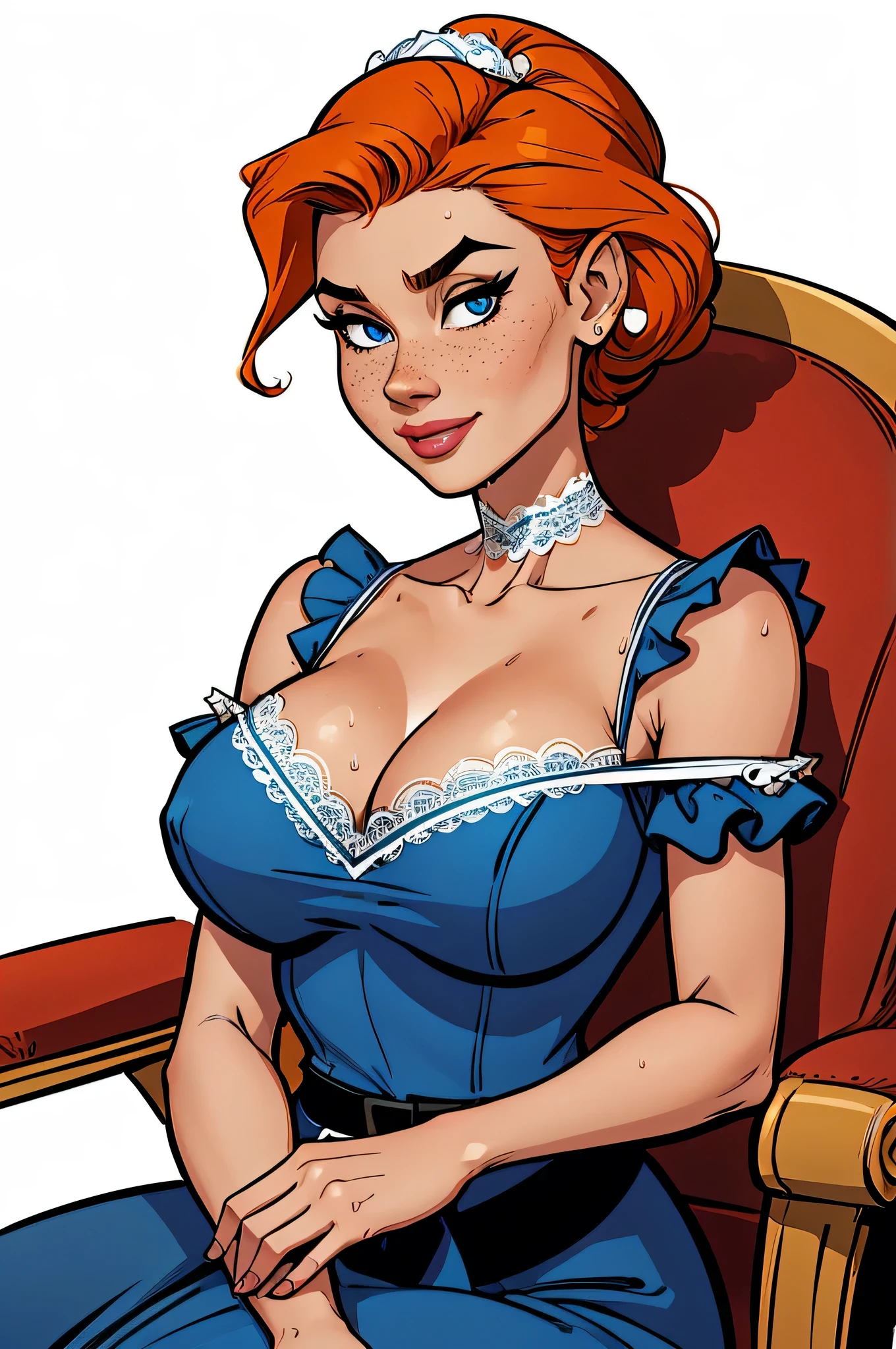 Slim and athletic woman, 25 years, 8k ((high definition)), smiling, seductive look, blue eyes, wearing blue dress ((with v-neckline, lace and short puff sleeves)), black belt, arms positioned at the sides of the body, white skin, straight orange hair ((shoulder height)), sitting in an armchair, at the table ((upper body)), curvy and with freckles on her neck and breasts, (( big round breasts, wet with sweat )). marvel style ((high quality)), white background.