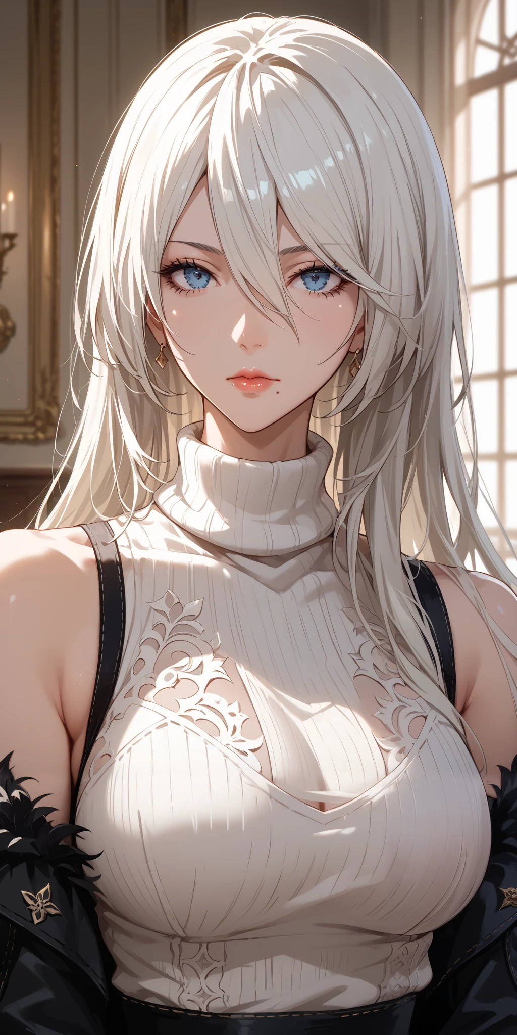 Score_9, Score_8_up, Score_7_up, Source_anime, anime art, anime style, very aesthetic, masterpiece, high quality, 1girl, badass mature woman, milf, curvaceous, mole under mouth, sleeveless turtleneck sweater, white hair, long hair, hair between eyes, expressionless, 2b, yorha no. 2 type b, home, soft light