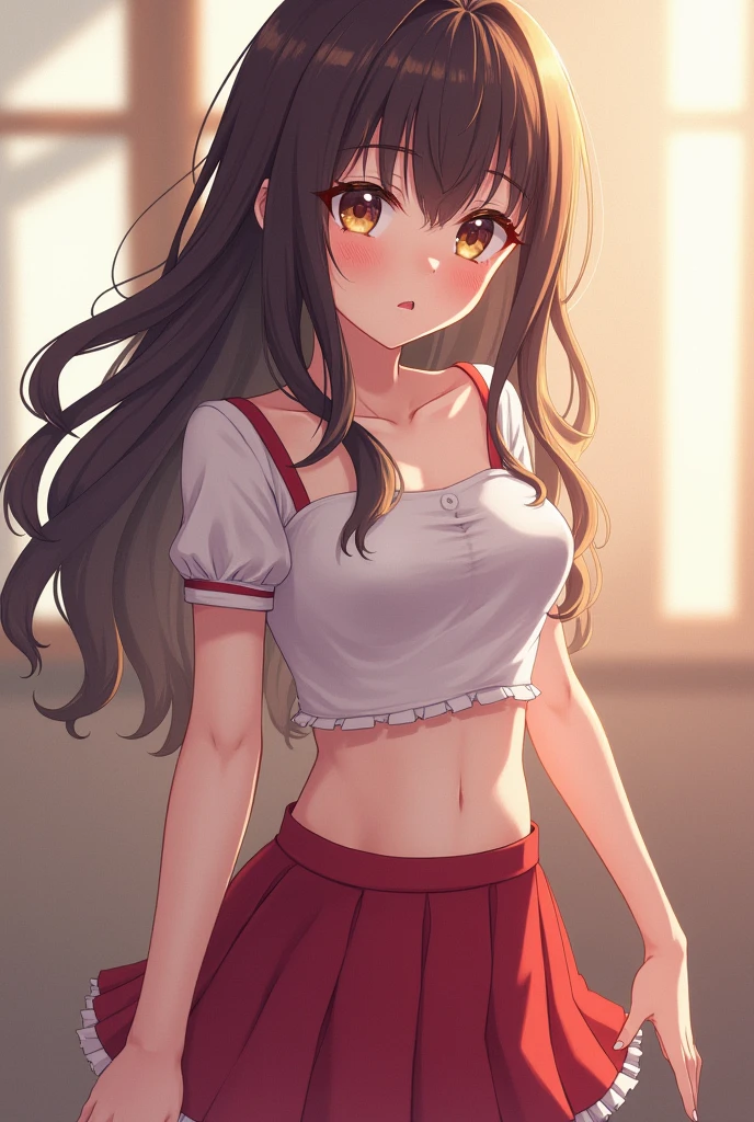 Room, 1 girl, best quality, ultra high res, long hair, brown hair, Brown eyes, pink shirt, short sleeves, white skirt, pleated skirt, miniskirt, bike shorts, bike shorts under skirt, looking at viewers, small breast, standing, pov, slim body,