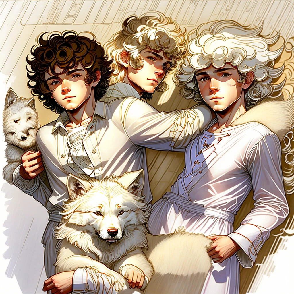   boy ,  white tea semi-wavy hair , He wears pajamas ,  in the 70s Mississippi , Is playing with a white wolf dog, in the living room of his house, vista 3/4,  Countertop angle,  comic book style , Realistic drawing,  well-defined lines,  cow, Detailed