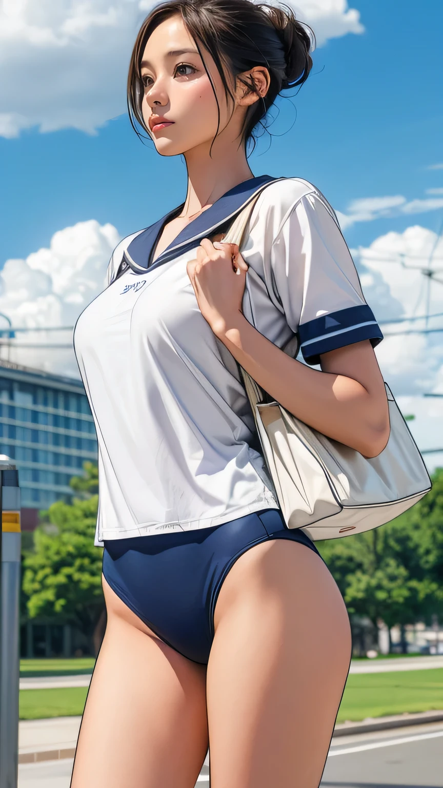Girl Standing In Schoolyard, Cumulonimbus clouds floating in the summer sky, (Navy blue school swimsuit:1.1), (On a white sailor shirt), school bag, 13 years old, (Very slim:1.4), Thin thighs, knees, Brown eyes, Short hair tied low