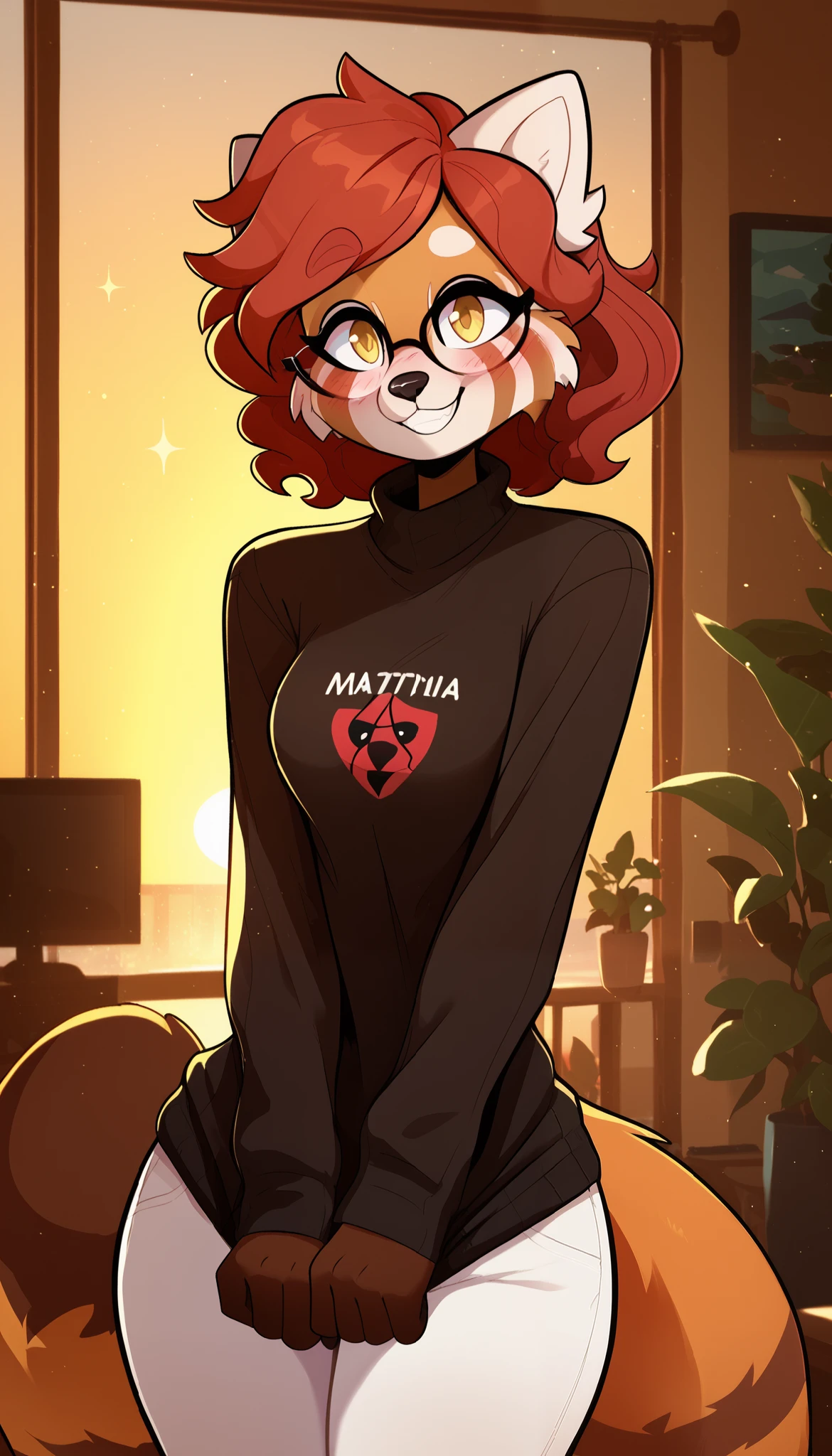 masterpiece, best quality, seductive expression, 1girl, anthro, furry, fur, fluffy fur, red panda girl, furry, red panda ears, animal nose, cute eyes, yellow eyes, red panda tail, red hair, medium hair, wavy hair, solo, (living room), sunset, detailed, black sweater, white pants, cute grin, head tilt, teenager (18 years), medium breast, thick thighs, hips, glasses, blush, looking at the viewer, (kilinah), light particles, score_9, score_8_up, score_7_up, score_6_up, score_5_up, score_4_up