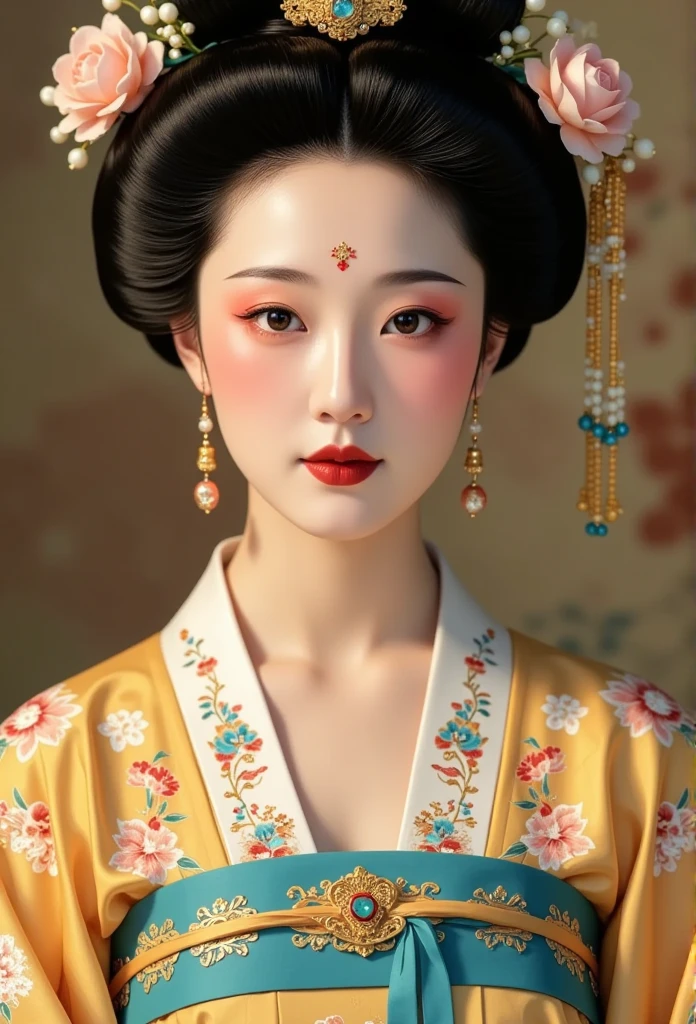 a close up of a woman in a kimono dress with a flower in her hair, an ultrafine detailed painting inspired by Gu An, trending on cg society, cloisonnism, hanfu, palace ， a girl in hanfu, wearing ancient chinese clothes, ancient chinese princess, ancient asian dynasty princess, beautiful render of tang dynasty, ancient china art style