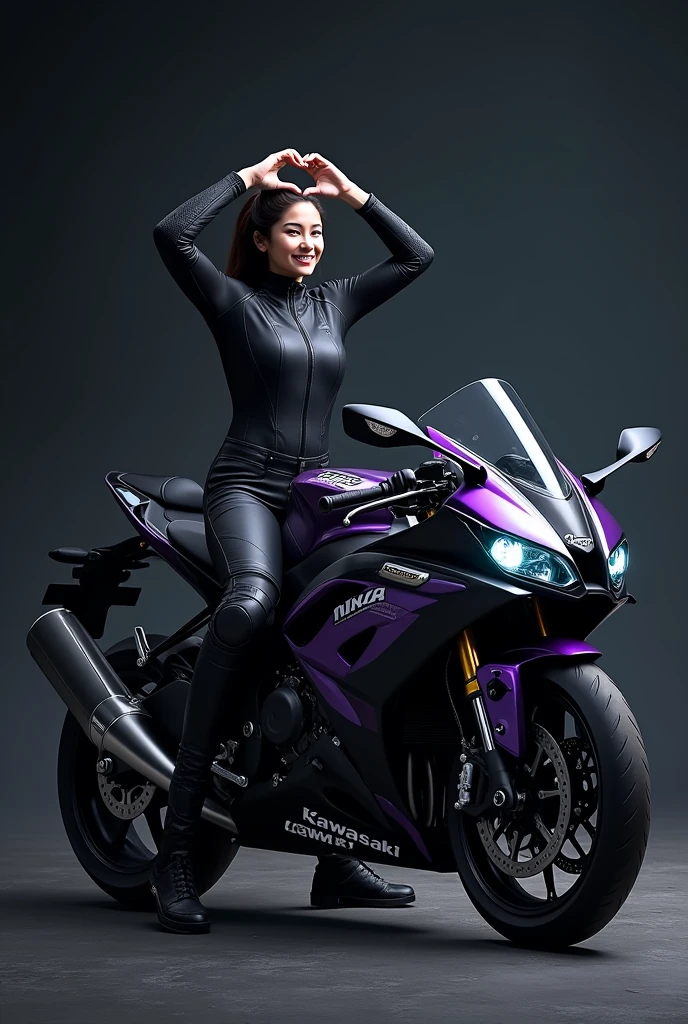 smile、One beautiful Asian woman、Blonde short bob hair、Small face、Model proportions、Riding a motorcycle on the road、Long sleeves and pants、Purple racing leather suit